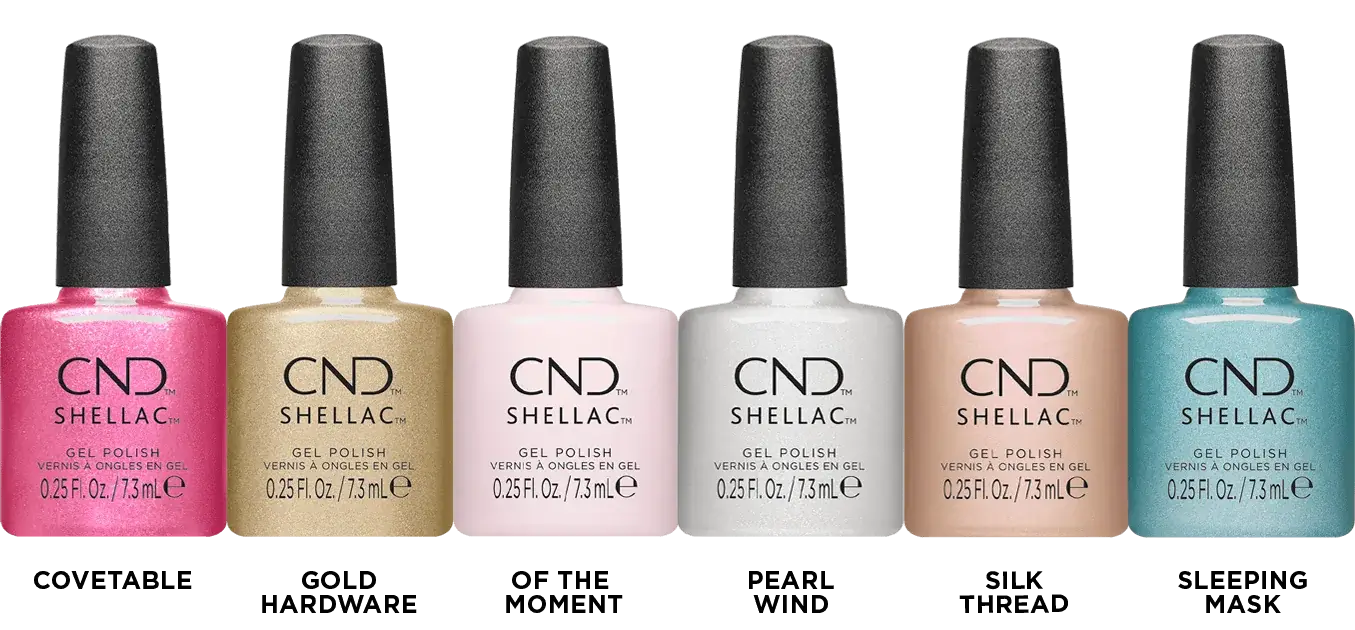 Lineup of CND Shellac Quiet Luxury Bottles. From Left to RIght, Covetable, Gold Hardware, Of the Moment, Pearlwind, Silk Thread, and Sleeping Mask